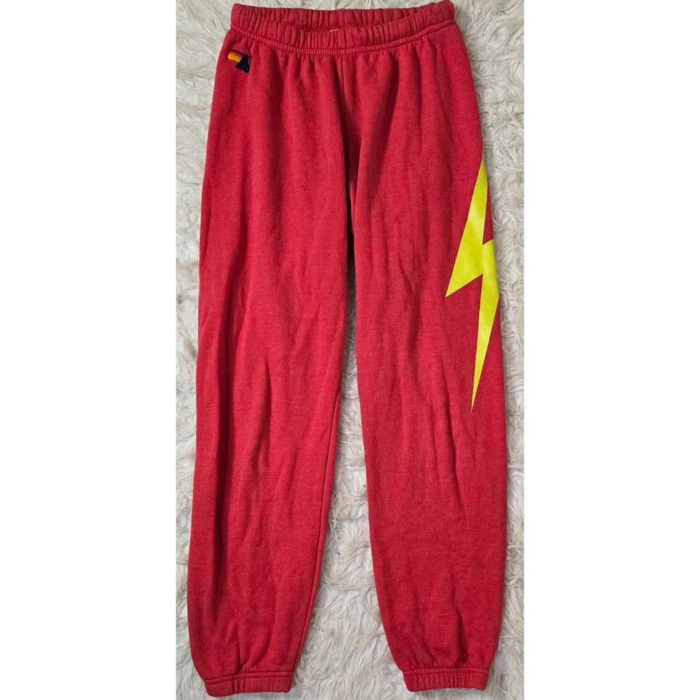 Aviator Nation Lightning Bolt Joggers Sweatpants Red Yellow Fleece Drawstring